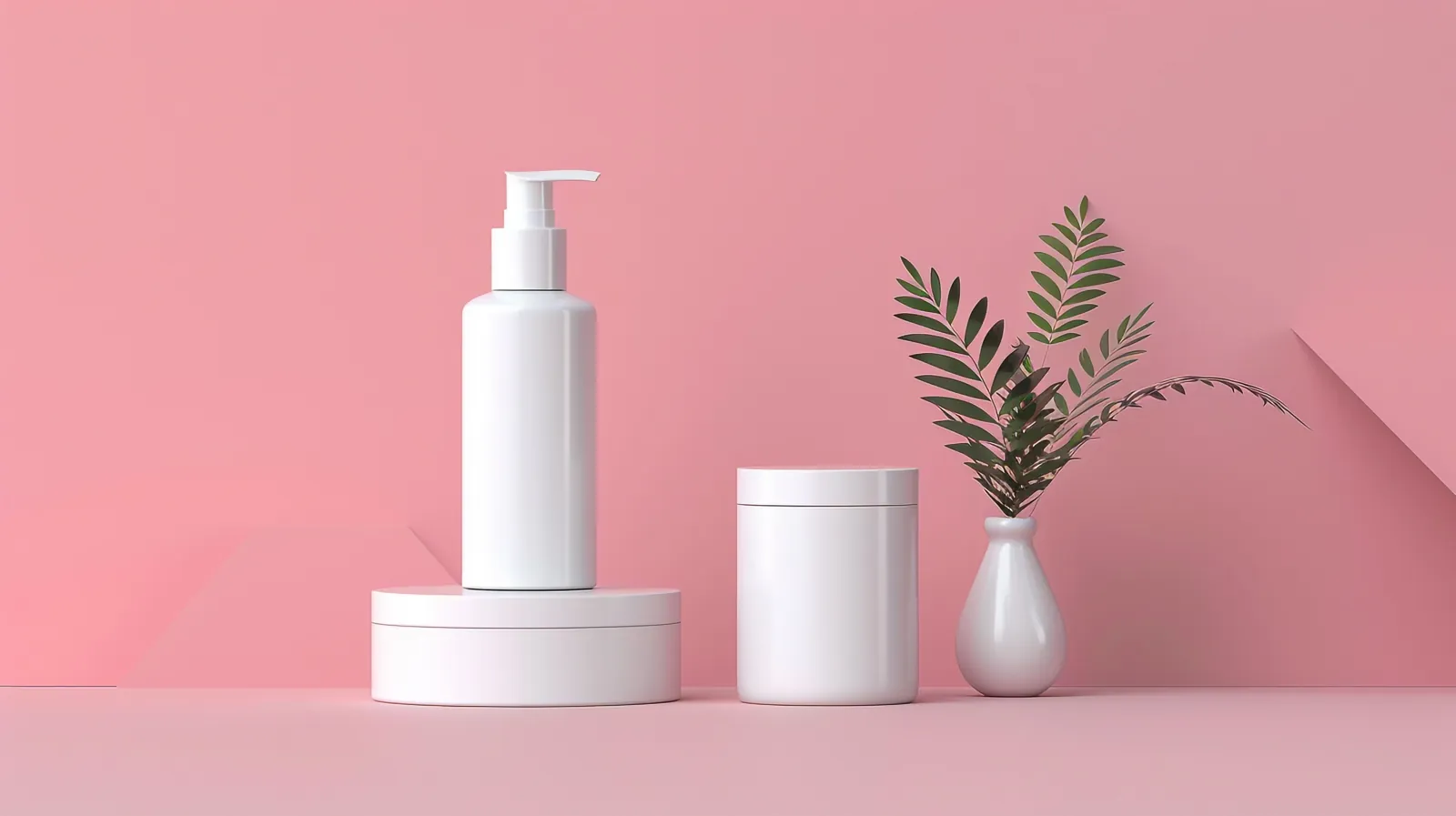 White cosmetic bottles arranged in a neat group